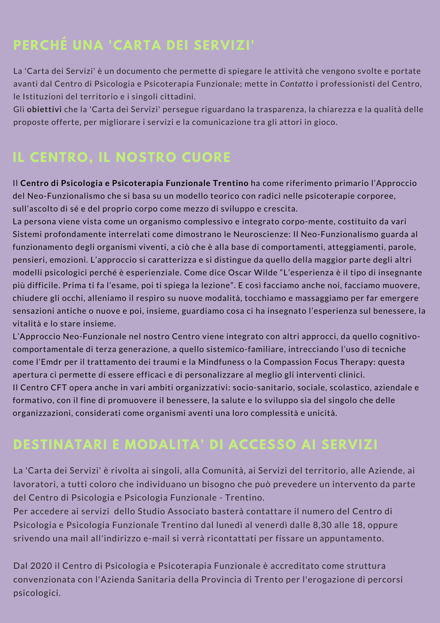La carta dei servizi dello STUDIO ASSOCIATO DI PSICOLOGIA CFT di Trento